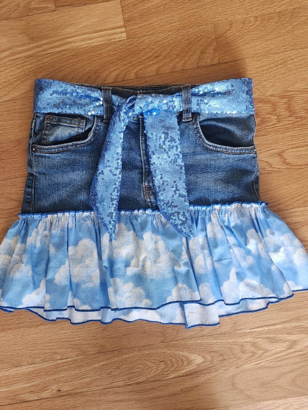 Upcycled OshKosh Jeans Denim Skirt & Sash Belt Sparkle & Clouds Girls Sz 8 OOAK